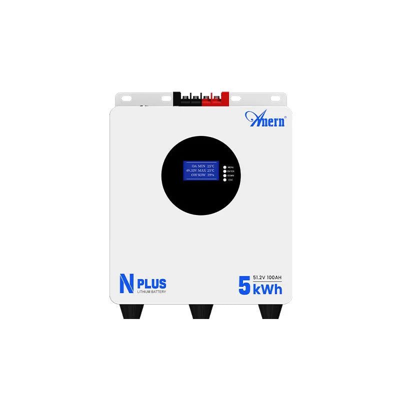 White wall-mounted 51.2V 100Ah 5kWh LFP battery with round LCD display and side ports