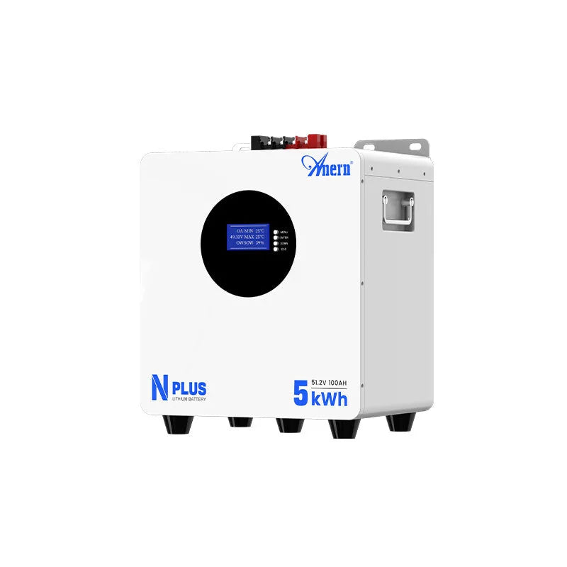White 51.2V 100Ah LFP solar battery with round LCD display and side handles