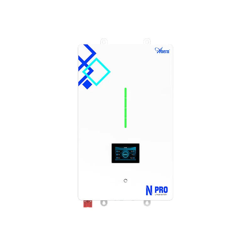 White wall-mounted 51.2V 200Ah LiFePO4 solar battery with smart BMS and display