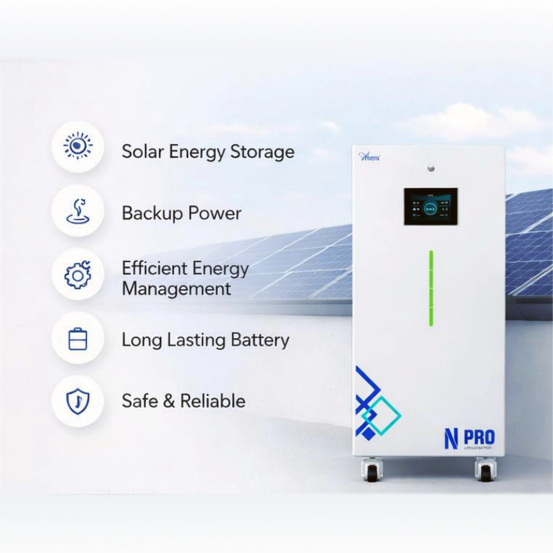 White floor-standing energy storage unit, 51.2V 300Ah LiFePo4, equipped with intuitive touch panel and heavy-duty casters for easy positioning.