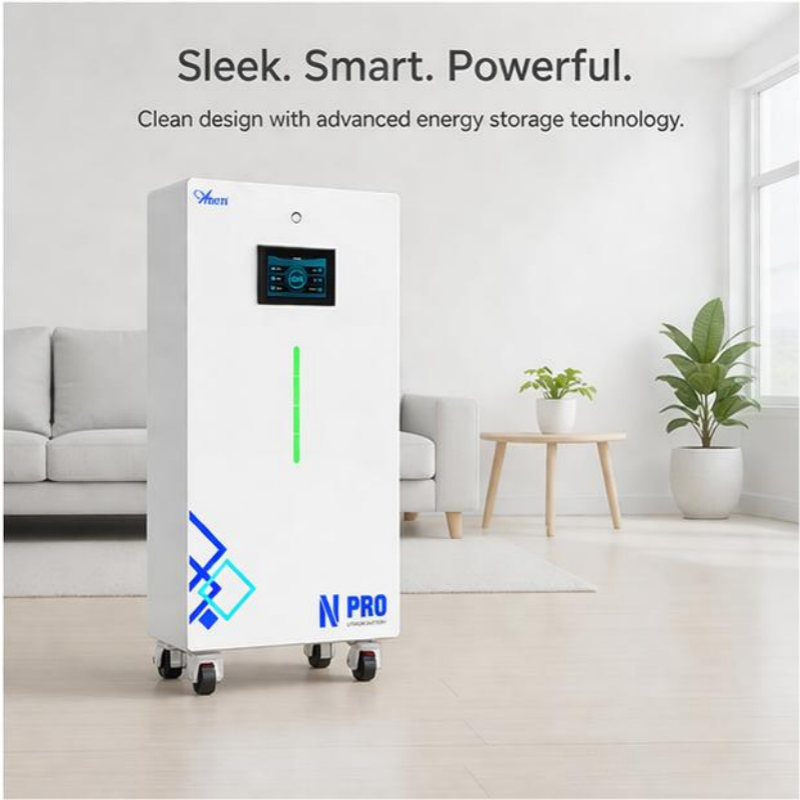 White floor-standing energy storage device, 51.2V 300Ah LiFePO4 battery, built-in user-friendly touch panel and durable casters for flexible placement.