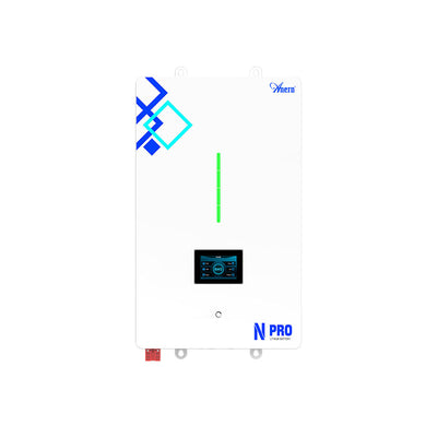Wall-mounted 51.2v lithium battery for solar energy storage, with a digital display and a robust design.
