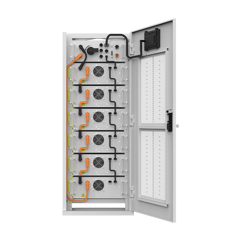 60kWh high voltage lithium-ion battery storage unit with six modules, internal wiring, and cooling fans.