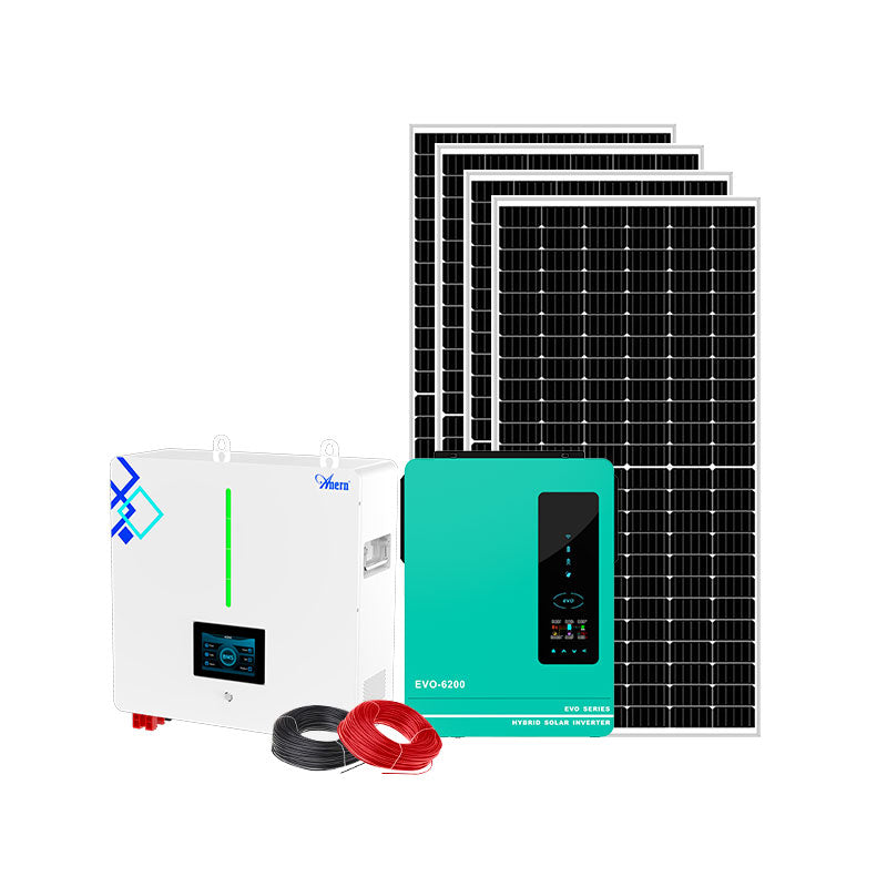 6KW off-grid hybrid solar power system including solar panels, hybrid inverter, and lithium battery bank for stable power.