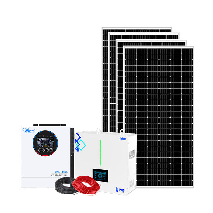 6.5kW off-grid hybrid solar power system kit with black solar panels, inverter, battery and cables