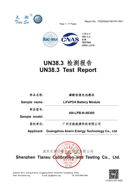 AN-LPB-N-48300 UN38.3 Test Report first page