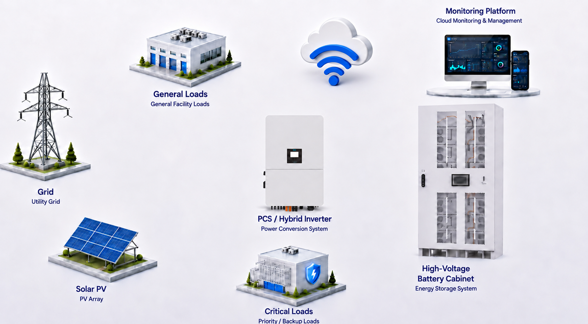 Integrated C&I BESS architecture with grid, solar PV, transformer, PCS, high-voltage battery cabinet, EMS, monitoring platform, critical loads and general loads