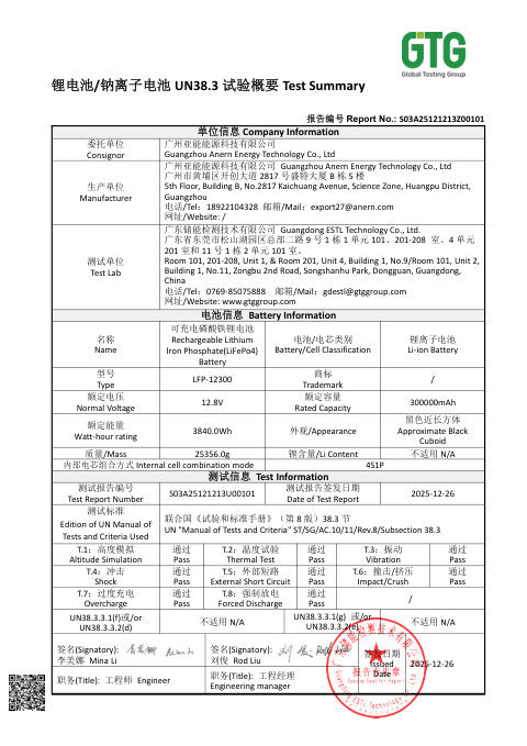 LFP-12300 UN38.3 Test Summary first page