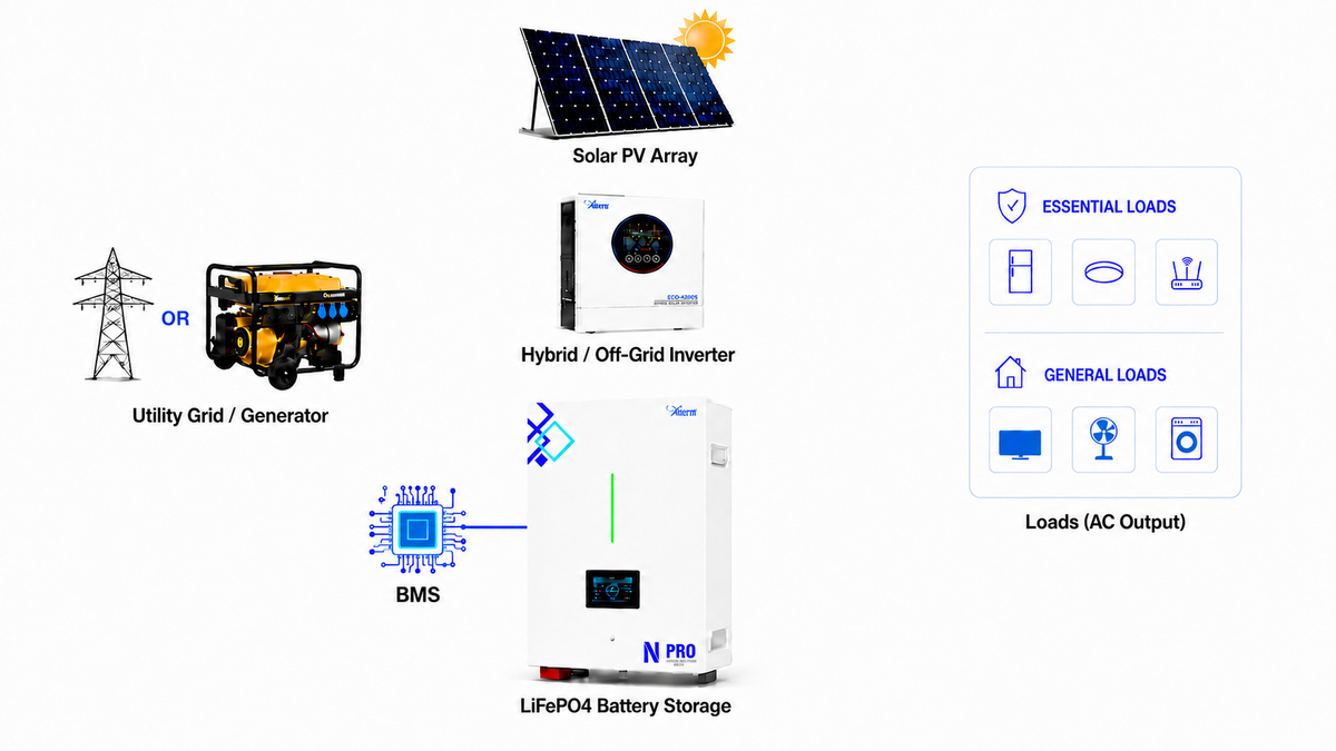 Off-grid solar battery system with PV array, inverter, LiFePO4 battery, loads and optional generator