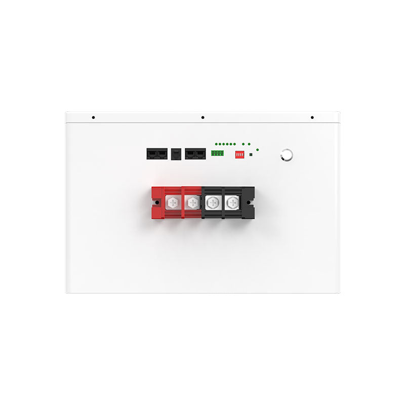 White 51.2V LiFePO4 battery module with Smart BMS, LED indicators and red-black terminals