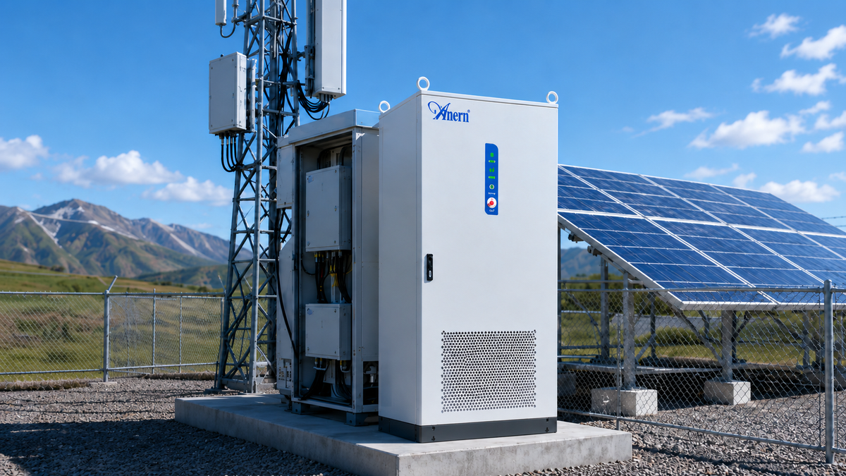 Telecom tower battery backup system with solar power and outdoor equipment cabinet