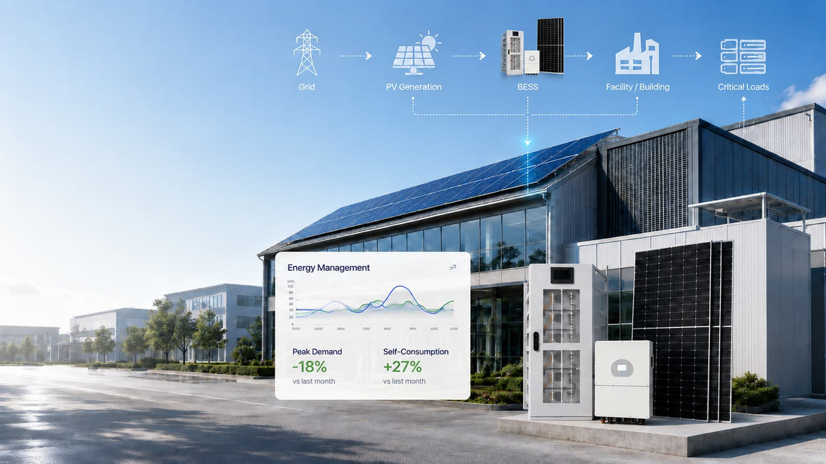 C&I battery energy storage system installed beside a commercial facility with solar panels
