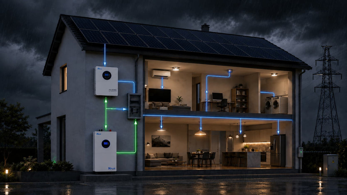 Residential battery backup supplying essential loads during a grid outage