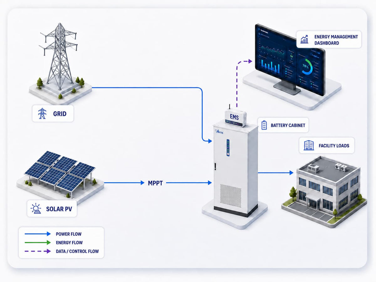 C&I BESS energy management system connecting grid, solar PV, battery storage, EMS and facility loads
